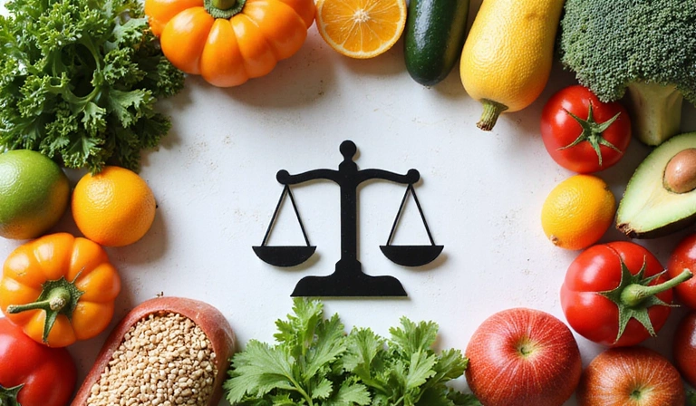 Frische, gesunde Lebensmittel und eine Waage