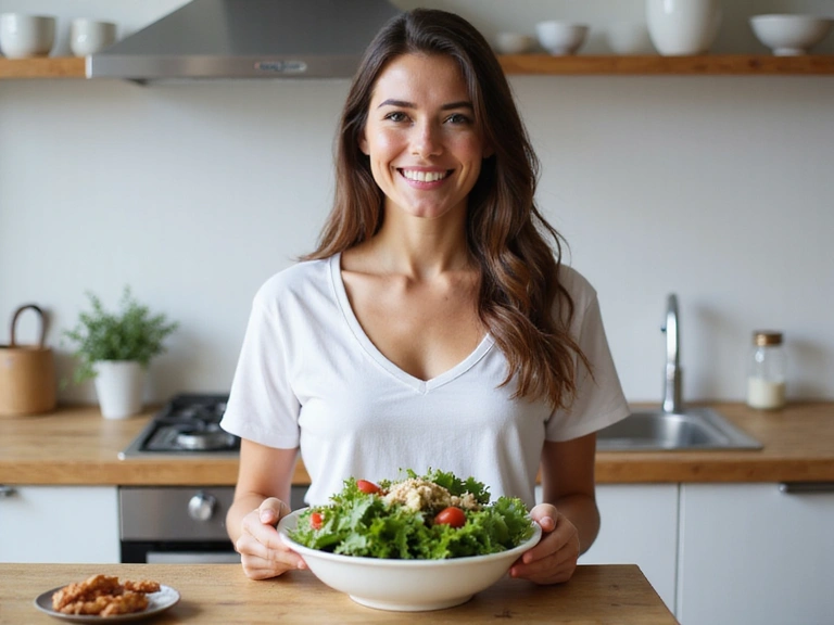 Eine Frau lächelt während sie einen gesunden Salat isst, symbolisiert erfolgreiches Gewichtsmanagement.